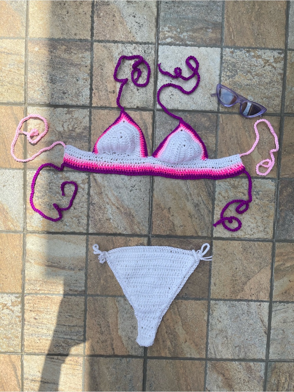 Handmade Crochet White Bikini Set | Pink & Purple Trim | Adjustable Tie Bikini M